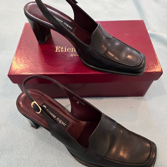 Vintage Etienne Aigner "Ellie" Closed Square Toe Sling Pump in Black Size 7.5 - Picture 1 of 7